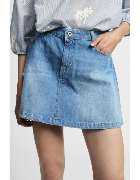 Saia curta cinco bolsos em denim com efeito usado Please