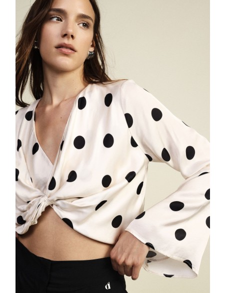 Top Cruzado Curto de Bolinhas com Mangas Amplas Dixie