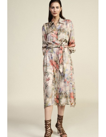 Vestido Longo Estampa Floral Cinto em Tecido Dixie