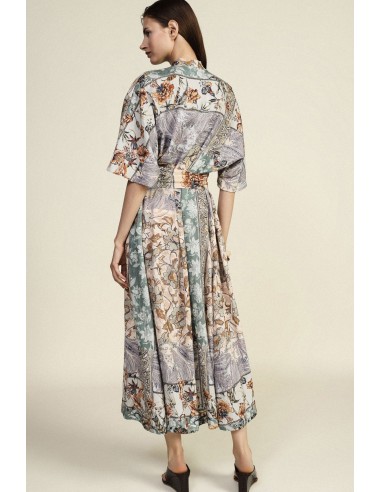 Vestido Longo Estampa Patchwork Cintura em Tecido Dixie