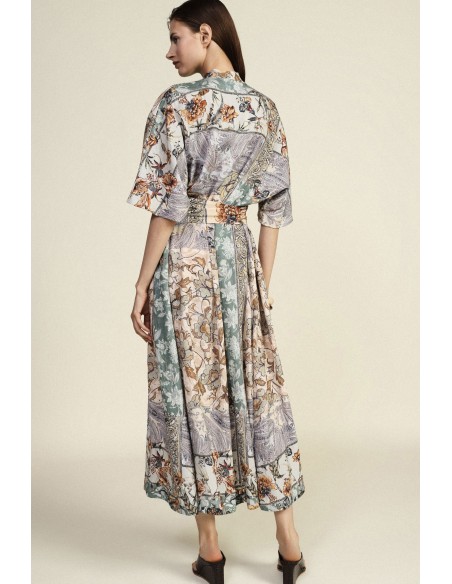 Vestido Longo Estampa Patchwork Cintura em Tecido Dixie
