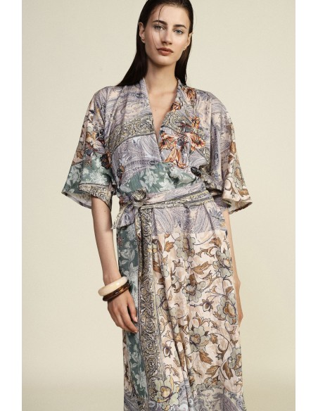 Vestido Longo Estampa Patchwork Cintura em Tecido Dixie