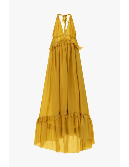 Vestido longo com decote profundo e folhos Dixie