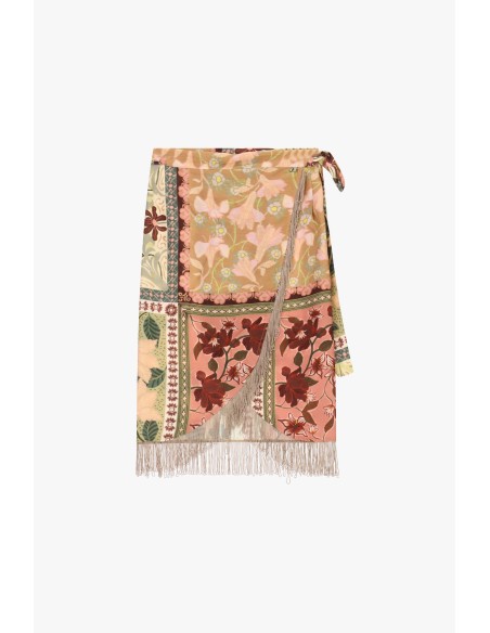 Saia Midi Transpassada com Estampado Patchwork e Franjas Dixie
