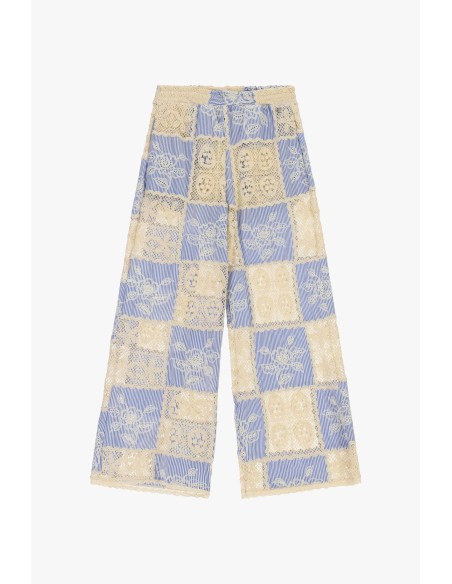 Calças Palazzo Patchwork com Inserções em Renda Dixie