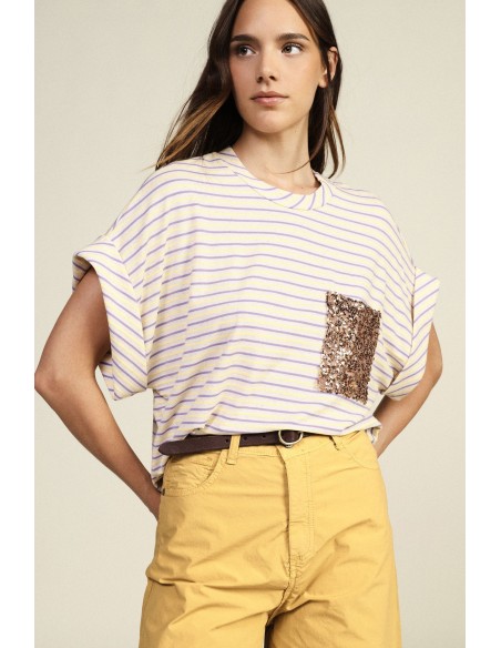 T-shirt às riscas com bolso aplicado de lantejoulas Dixie