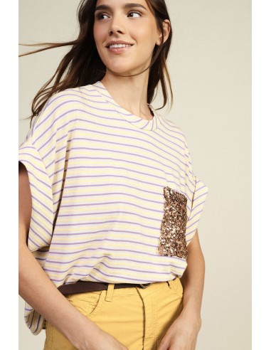 T-Shirt às Riscas com Bolso Aplicado em Lantejoulas Dixie