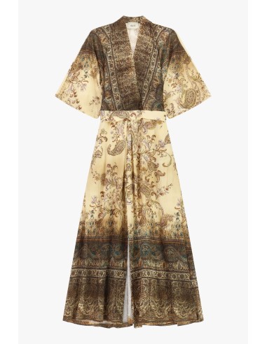 Vestido comprido com estampado paisley e cinto largo de tecido Dixie