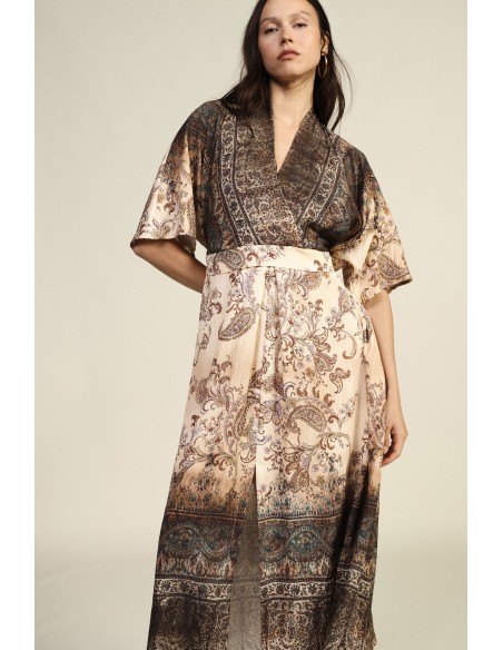 Vestido Longo Estampado Paisley Cinto em Tecido Largo Dixie