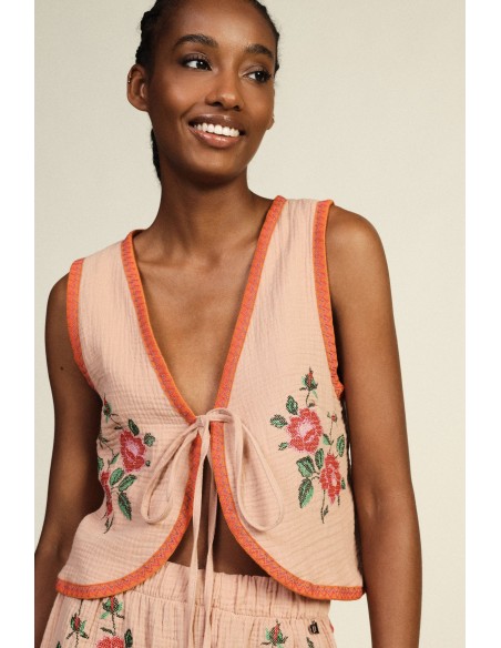 Colete com acabamentos contrastantes e bordados florais Dixie