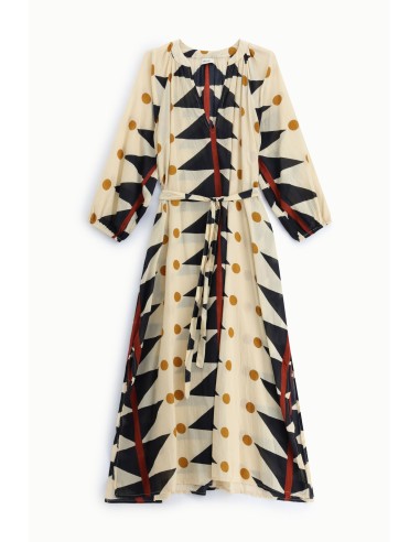 Vestido longo estampado geométrico com cinto em tecido Dixie