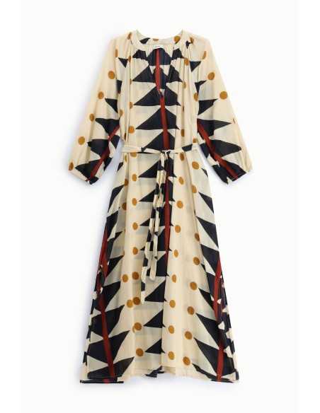 Vestido longo estampado geométrico com cinto em tecido Dixie