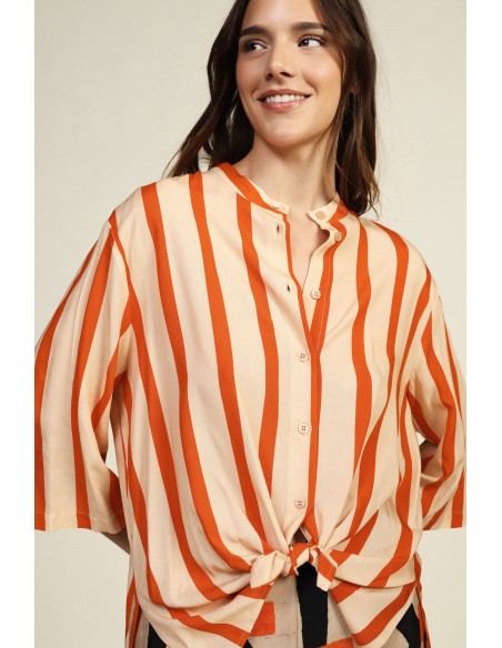 Camisa às riscas com nó frontal e mangas 3/4 Dixie