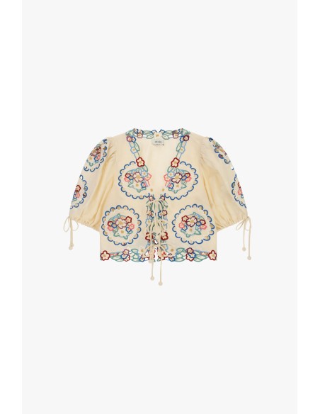 Blusa Curta con Bordado Floral e Laços Dixie