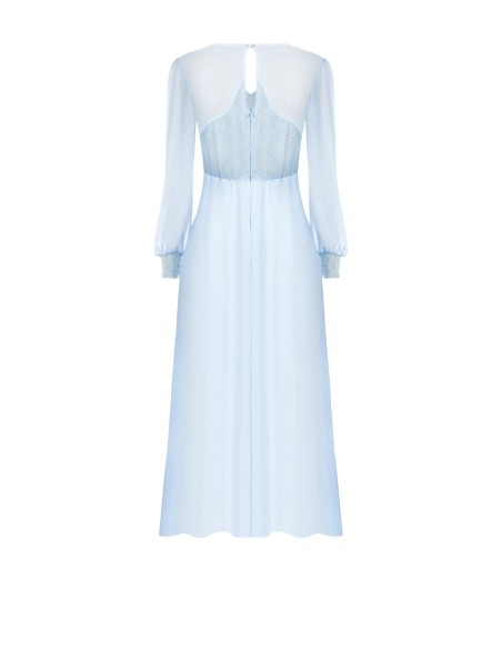 Vestido midi com camadas em georgette e renda com duas fendas frontais Rinascimento