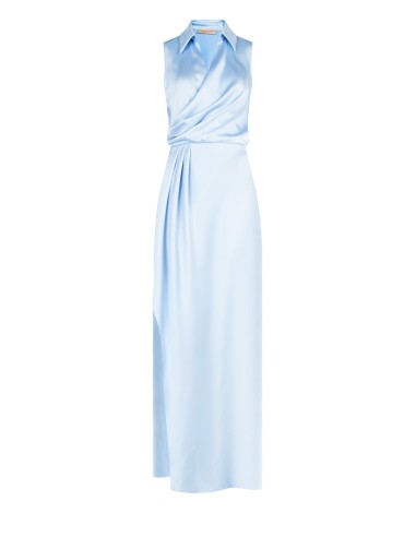 Vestido longo cruzado em cetim com decote em V e fenda lateral Rinascimento