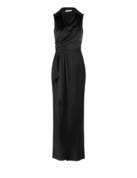 Vestido longo cruzado em cetim com decote em V e racha lateral Rinascimento
