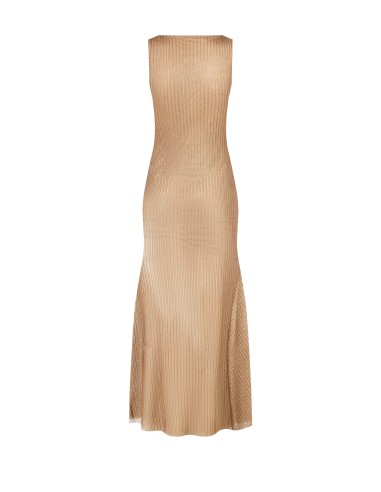 Vestido longo corte sereia em tecido laminado com perfurações em espinha de peixe Rinascimento