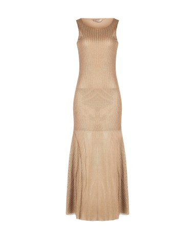 Vestido longo corte sereia em tecido laminado e perfurado com padrão espinha de peixe Rinascimento