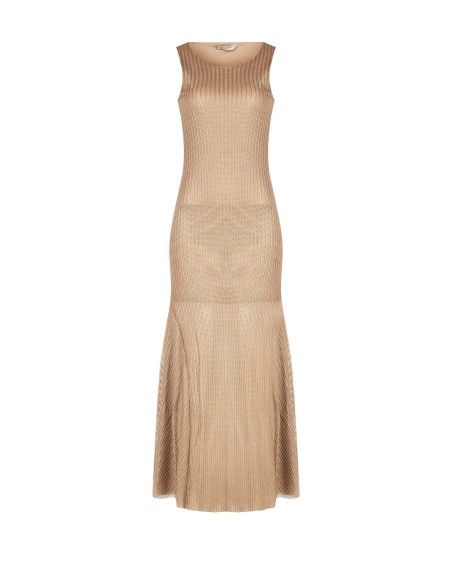 Vestido longo corte sereia em tecido laminado e perfurado com padrão espinha de peixe Rinascimento