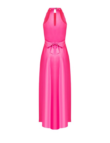 Vestido maxi em cetim com decote drapeado e laço nas costas Rinascimento