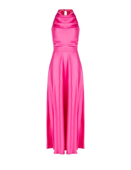 Vestido maxi em cetim com decote drapeado e laço atrás Rinascimento