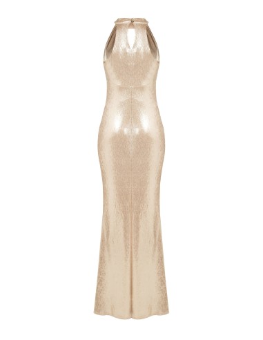 Vestido longo justo e evasé em tecido laminado com fenda e cut-out em forma de gota Rinascimento