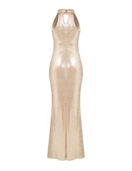 Vestido longo justo e evasé em tecido laminado com fenda e cut-out em forma de gota Rinascimento