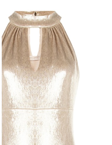 Vestido longo justo com corte evasé em tecido laminado com racha e recorte em gota Rinascimento