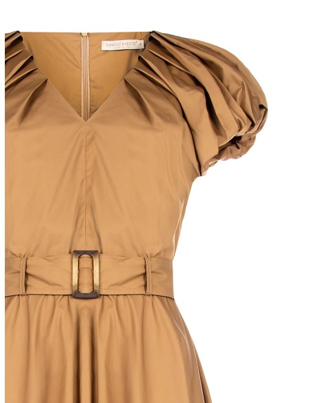 Vestido midi com saia rodada em algodão, decote em V e cinto coordenado Rinascimento