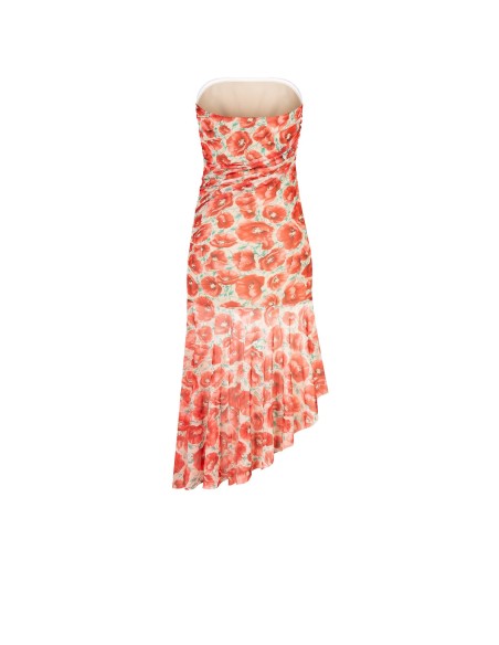 Vestido Curto Assimétrico em Rede com Estampa de Papoilas Rinascimento