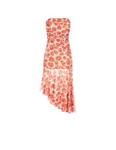 Vestido Curto Assimétrico em Rede com Estampa de Papoulas Rinascimento