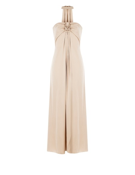 Vestido longo tomara-que-caia com rosa no decote e lenço pequeno ao pescoço Rinascimento