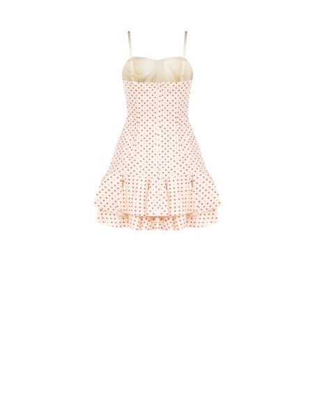 Vestido curto em mistura de algodão com padrão de bolinhas e barra com folho Rinascimento