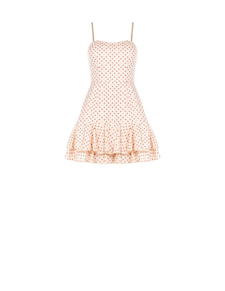 Vestido Curto em Mistura de Algodão com Bolinhas e Barra com Folho Rinascimento