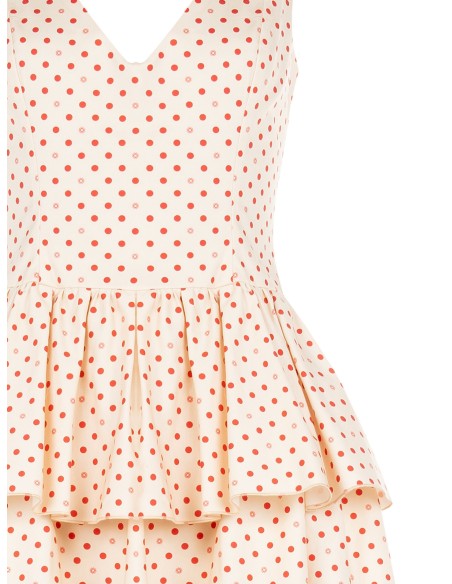 Vestido curto em mistura de algodão com padrão de bolinhas e duplo decote em V Rinascimento