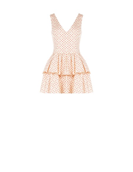 Vestido Curto em Mistura de Algodão com Estampado de Bolinhas com Duplo Decote em V Rinascimento