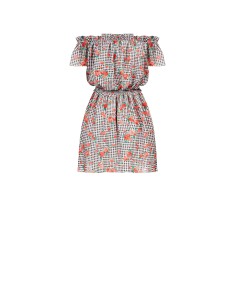 Vestido curto com padrão de quadradinhos e rosas e com elástico na cintura Rinascimento 2