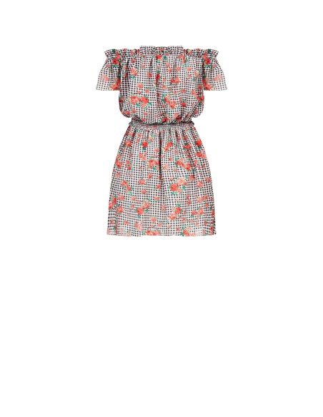Vestido curto de quadradinhos e rosas com elástico na cintura Rinascimento