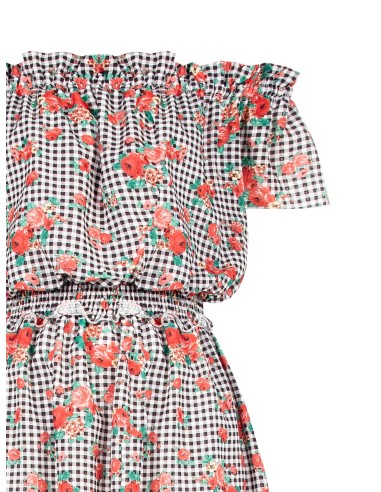 Vestido curto aos quadradinhos com estampado de rosas e elástico na cintura Rinascimento