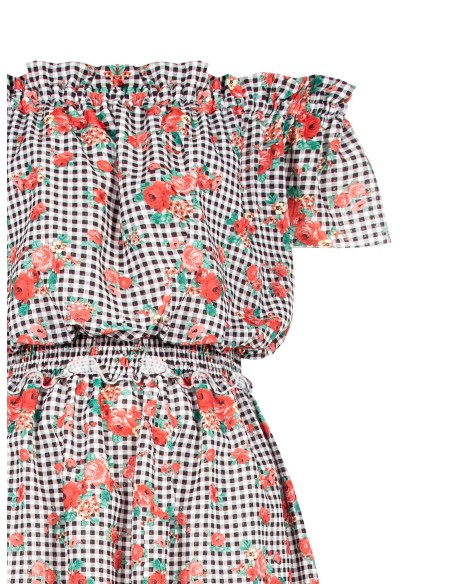 Vestido curto aos quadradinhos com estampado de rosas e elástico na cintura Rinascimento