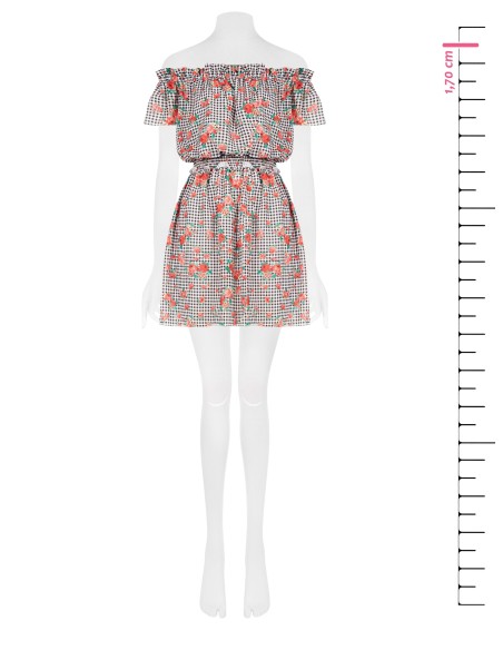 Vestido curto xadrez com rosas e elástico na cintura Rinascimento