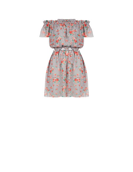 Vestido curto com padrão de quadradinhos e rosas e com elástico na cintura Rinascimento