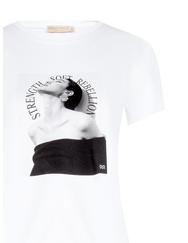 T-shirt corte regular em mistura de algodão com estampado e strass para mulher Rinascimento