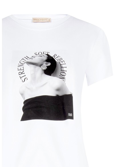 T-shirt corte regular em mistura de algodão com estampado e strass para mulher Rinascimento