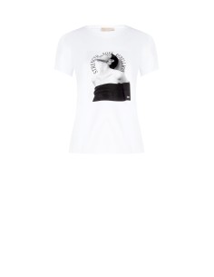 T-shirt regular em mistura de algodão com estampado e strass, feminina Rinascimento