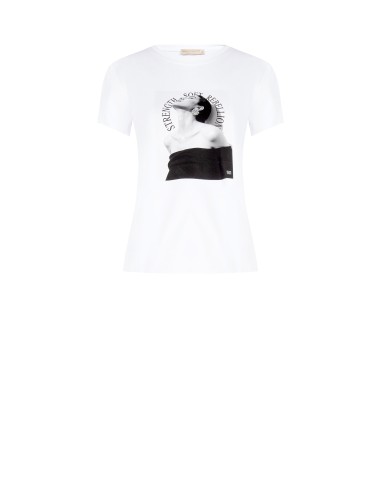 T-shirt regular em mistura de algodão com estampado e strass, feminina Rinascimento