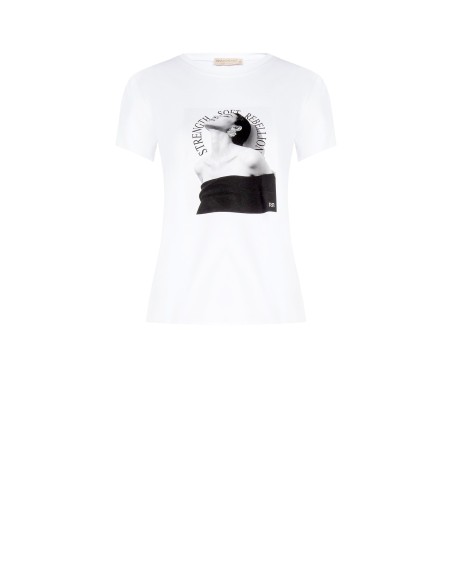 T-shirt regular em mistura de algodão com estampado e strass, feminina Rinascimento