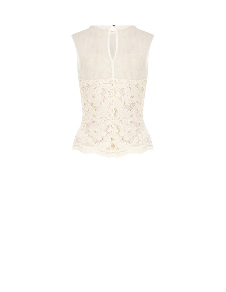 Top Bustier Cintado Em Renda Com Inserto Em Tule E Gola Redonda De Pérolas Rinascimento