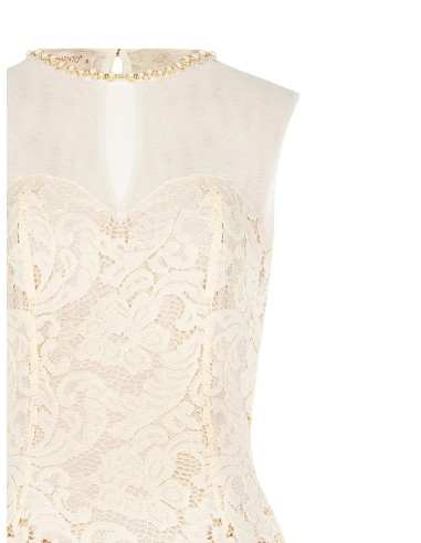 Top bustier entalhado em renda com inserto em tule e gola com pérolas Rinascimento